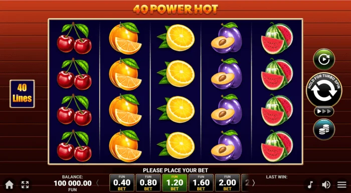 40 Power Hot Coin Boost spēles ekrāns